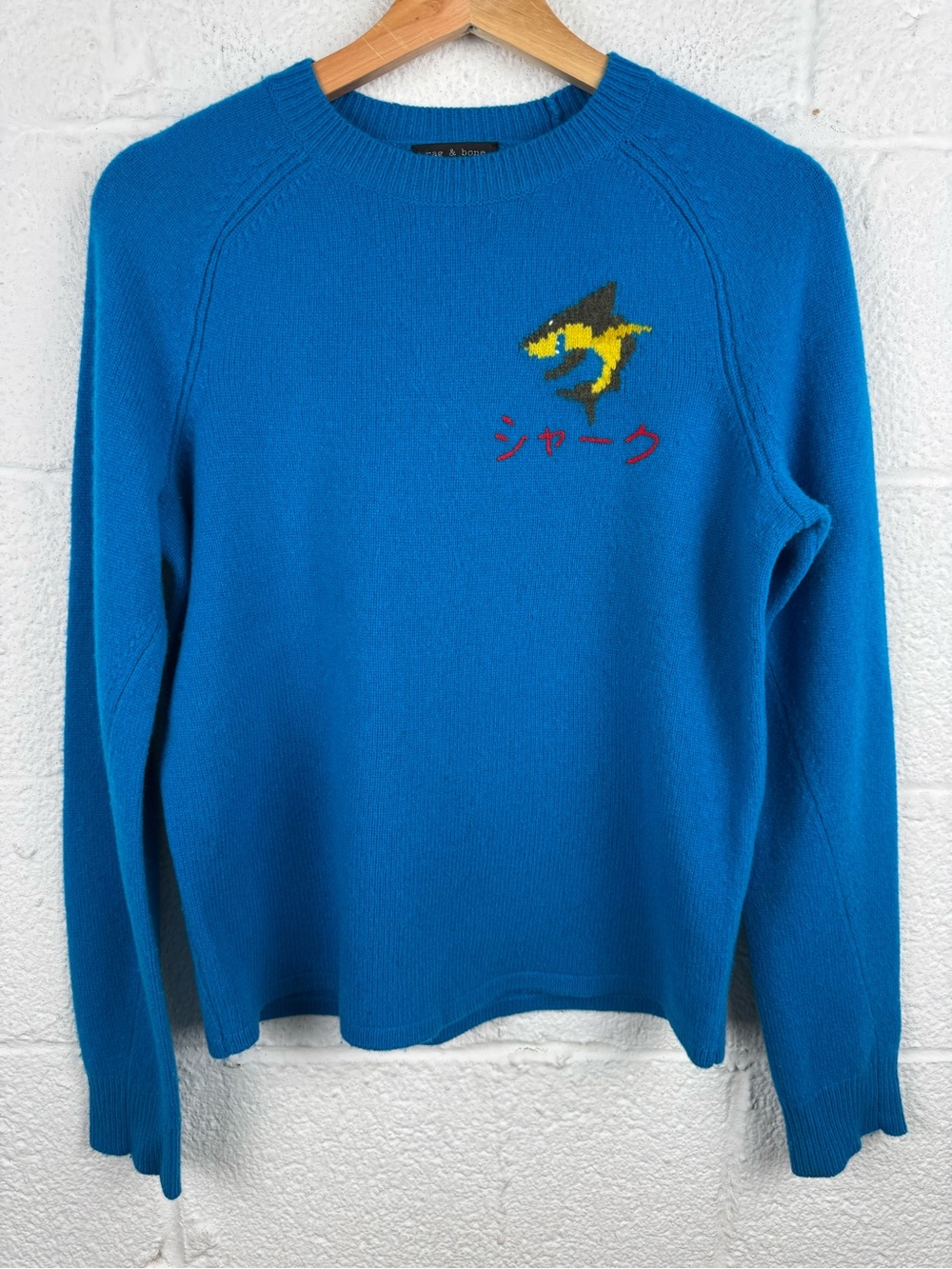 Rag & Bone Shark Graphic Lambswool Sweater Blue Japanese Embroidered S